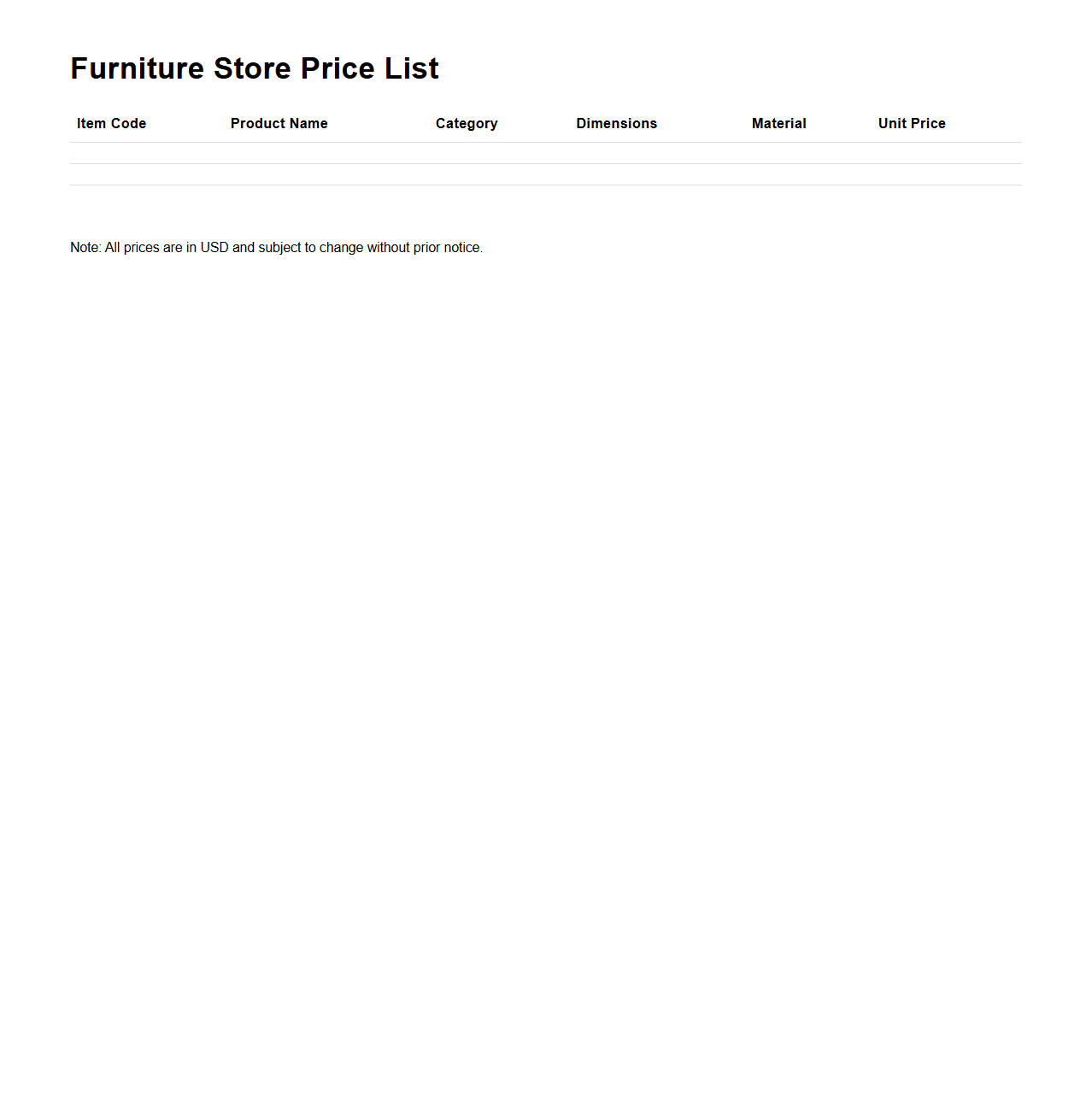 Furniture Store Price List Format