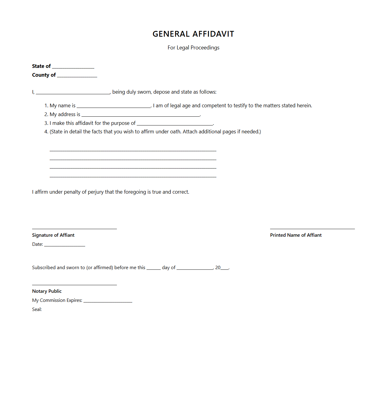 General Affidavit Sample for Legal Proceedings