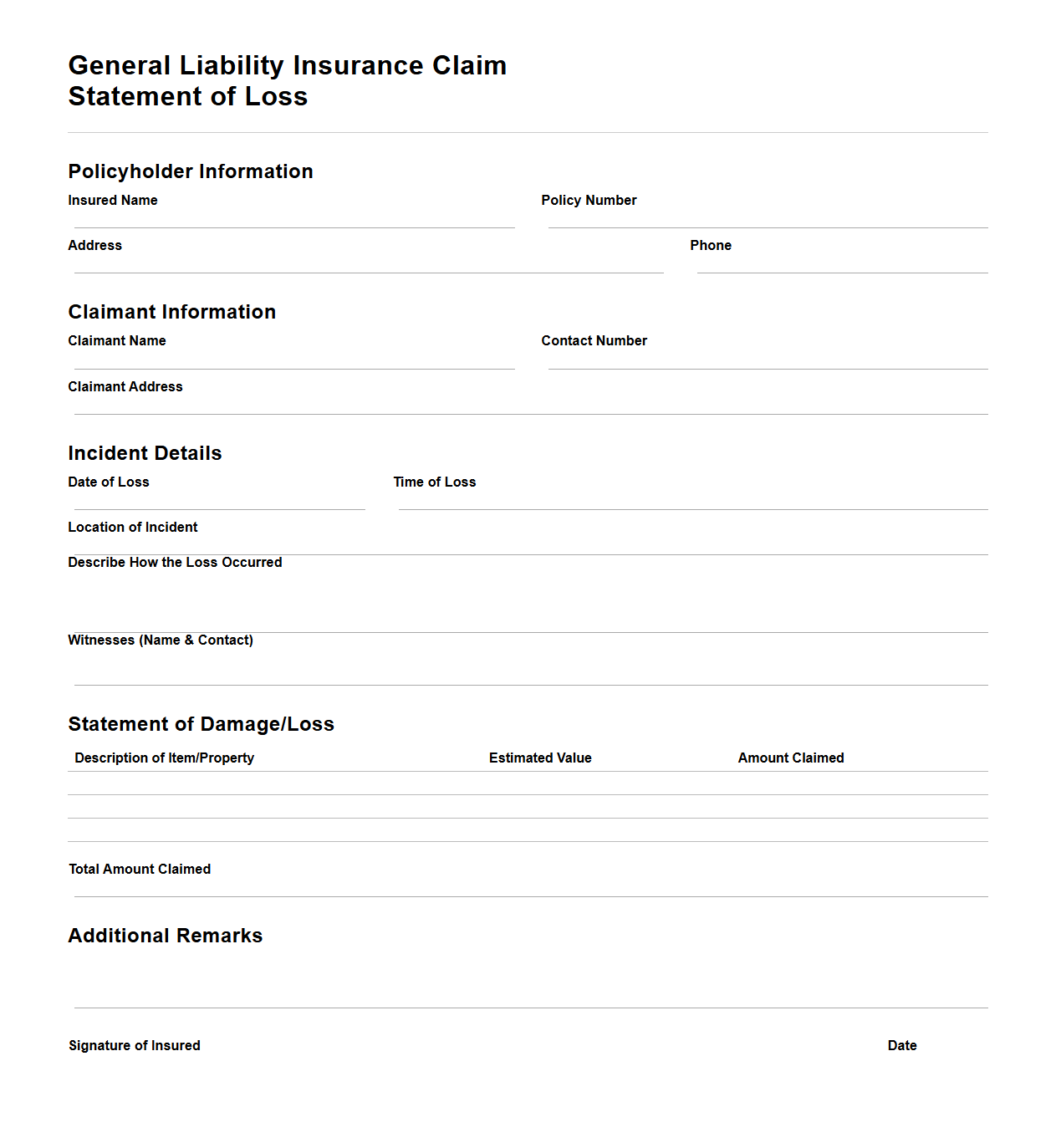 General Liability Insurance Claim Statement of Loss Example