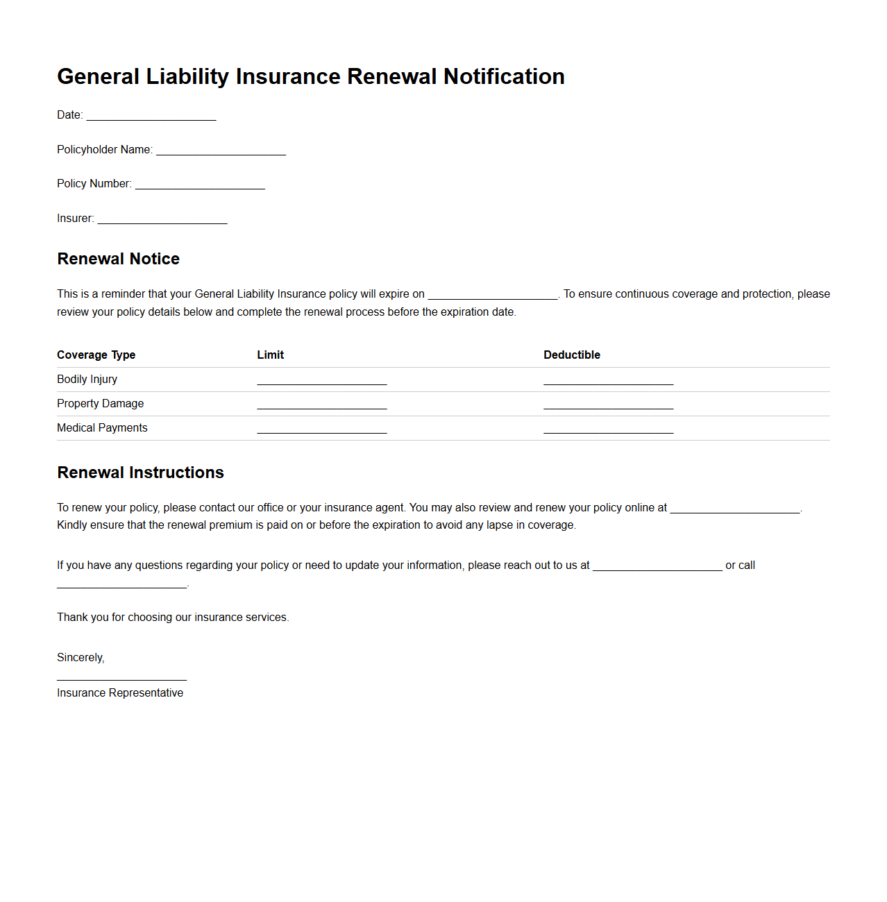 General Liability Insurance Renewal Notification Sample