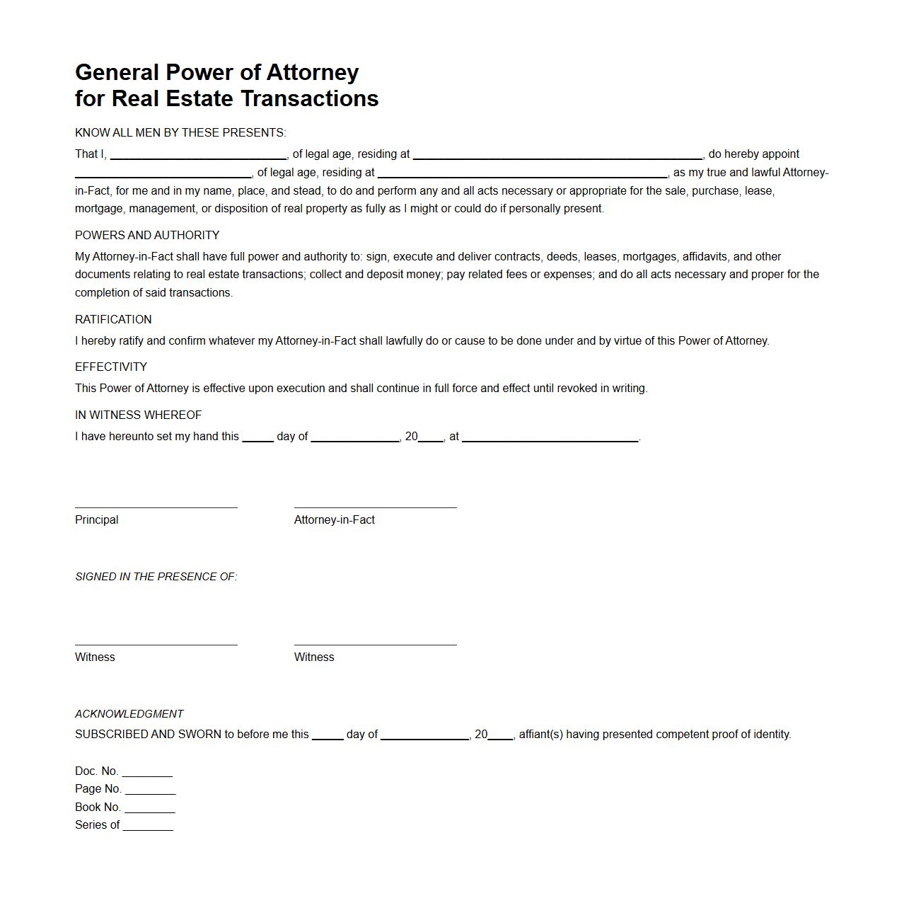 General Power of Attorney Template for Real Estate Transactions