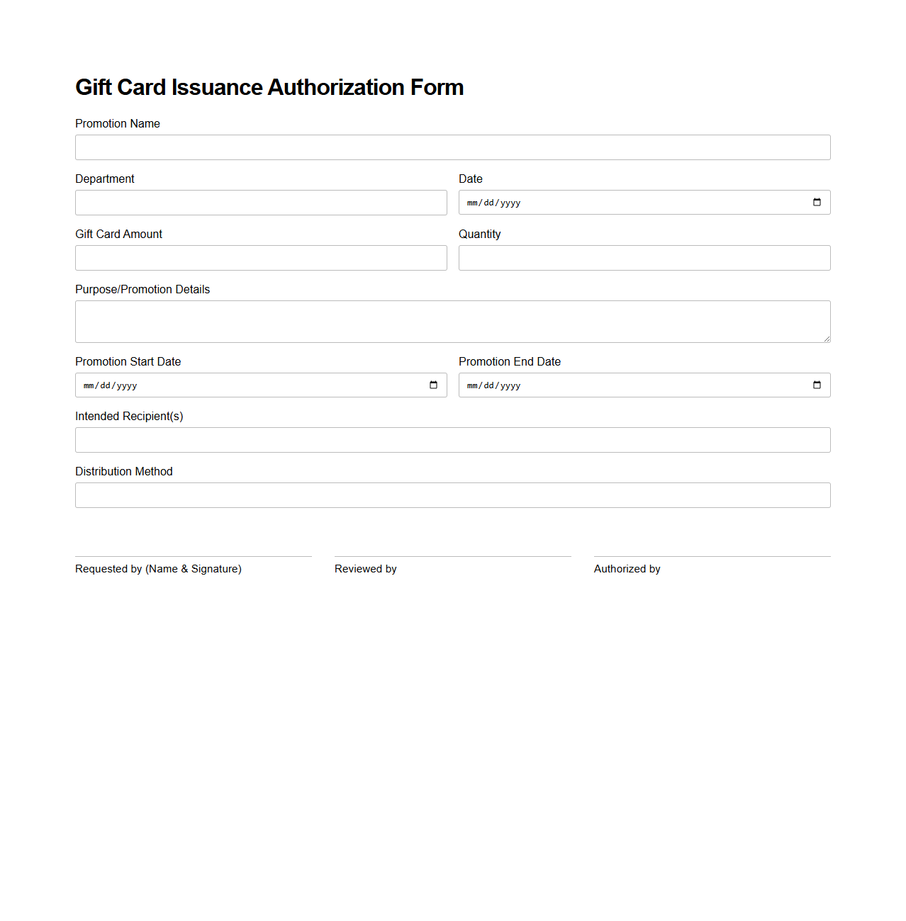 Gift Card Issuance Authorization Form for Retail Promotions