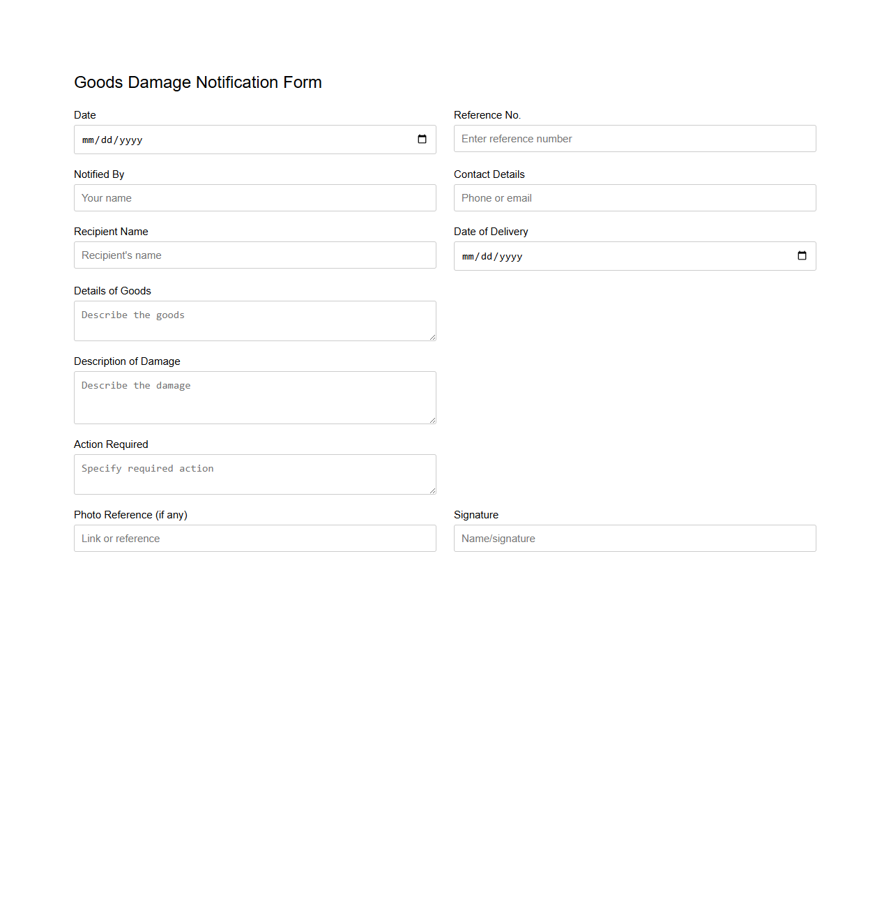 Goods Damage Notification Form Sample