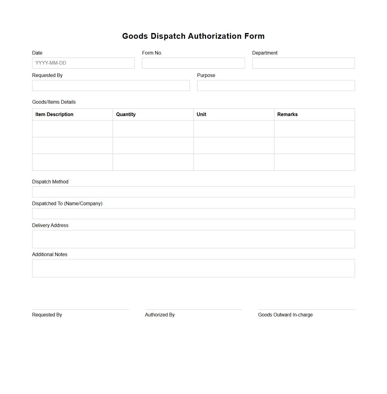 Goods Dispatch Authorization Form Template