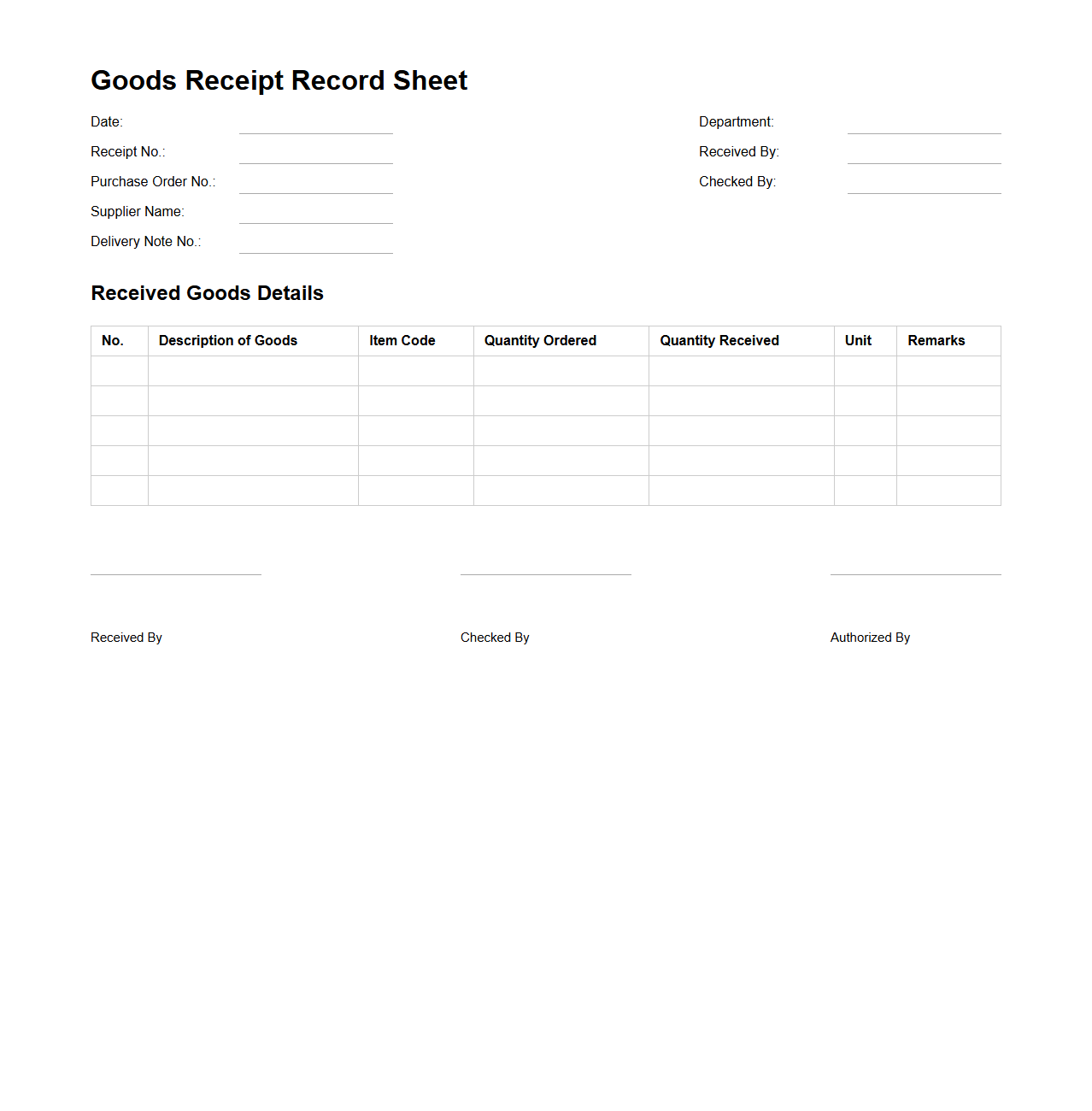 Goods Receipt Record Sheet Template for Procurement
