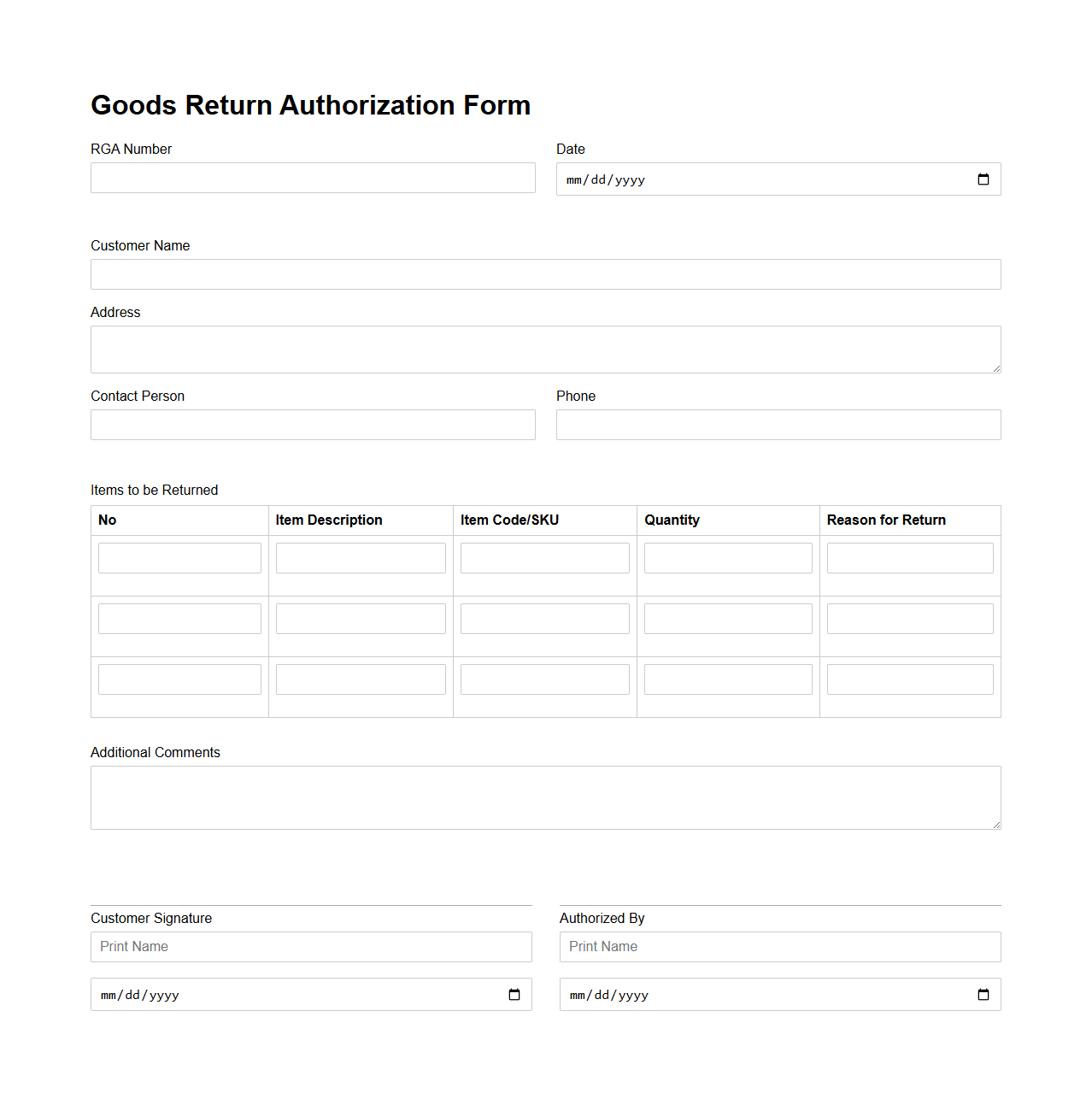 Goods Return Authorization Form Sample