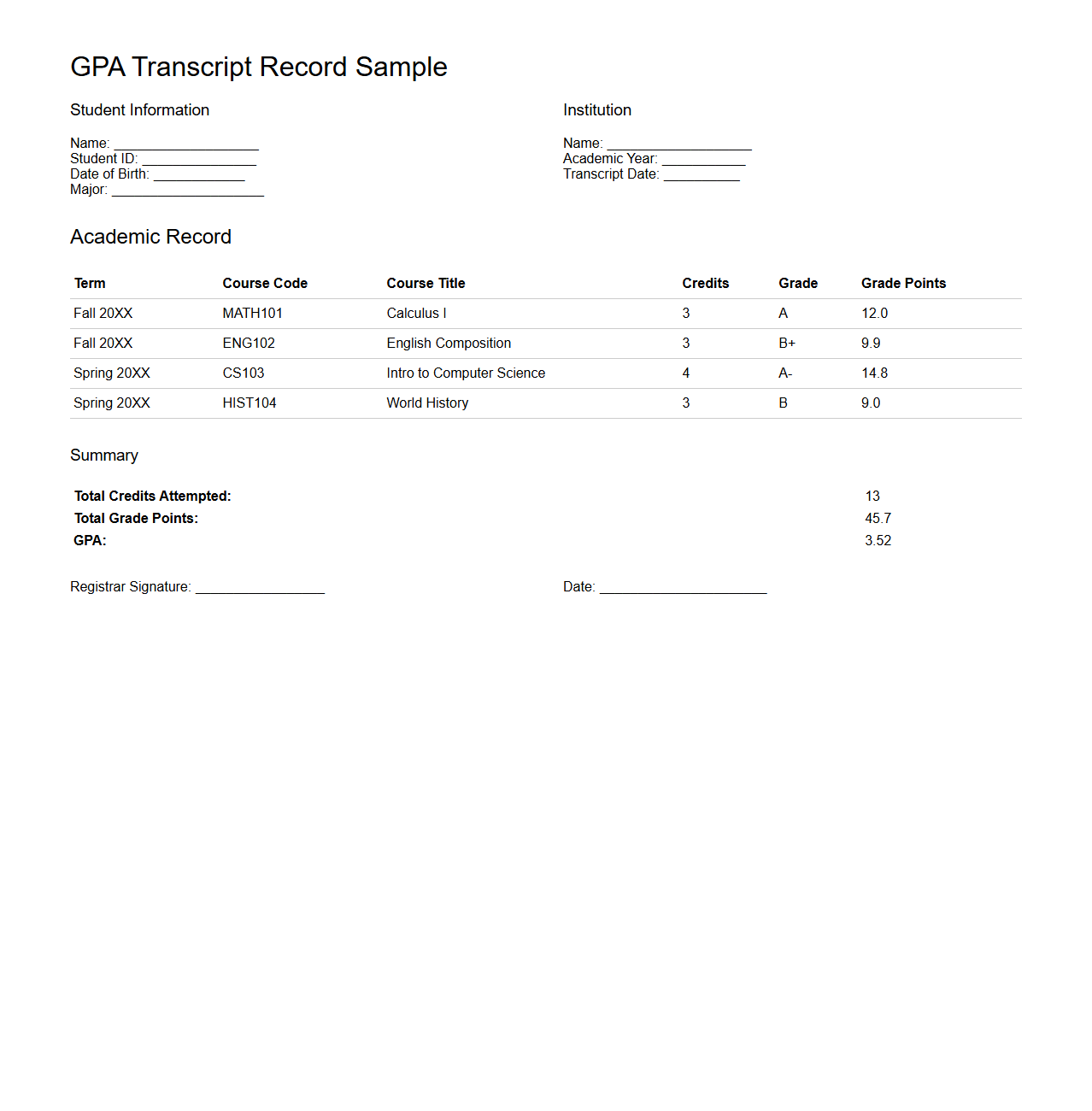 GPA Transcript Record Sample