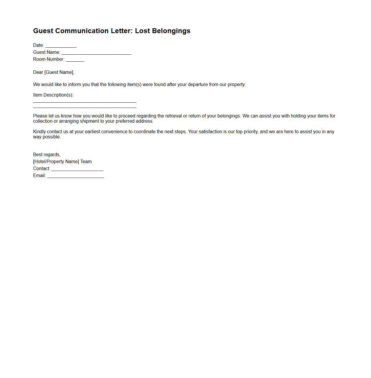 Guest Communication Letter Template for Lost Belongings