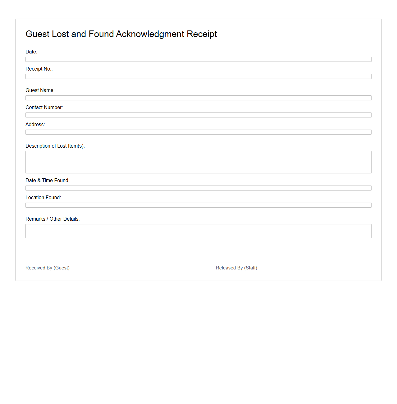 Guest Lost and Found Acknowledgment Receipt