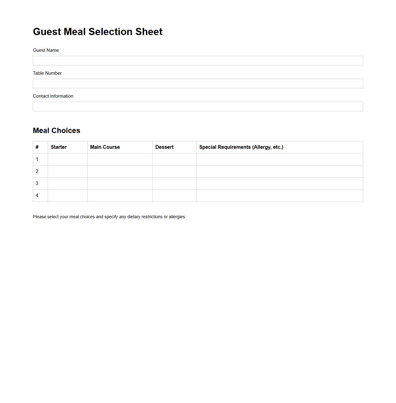 Guest Meal Selection Sheet