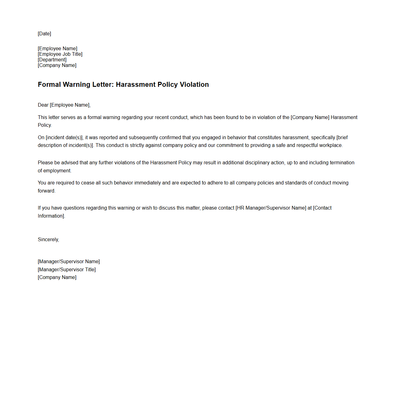 Harassment Policy Violation Formal Warning Letter