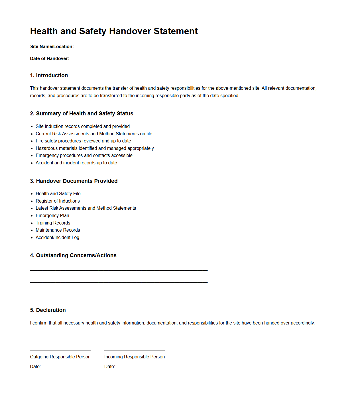Health and Safety Handover Statement for Industrial Sites