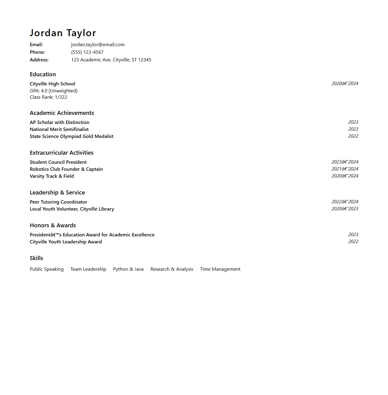 High Achiever Curriculum Vitae Example for Honor Society Applications