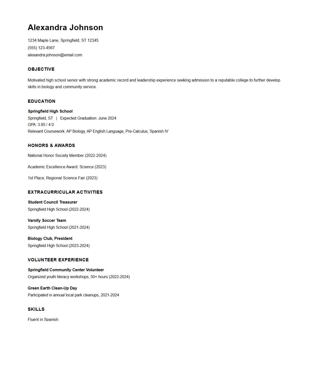 High School Student Curriculum Vitae Example for College Applications