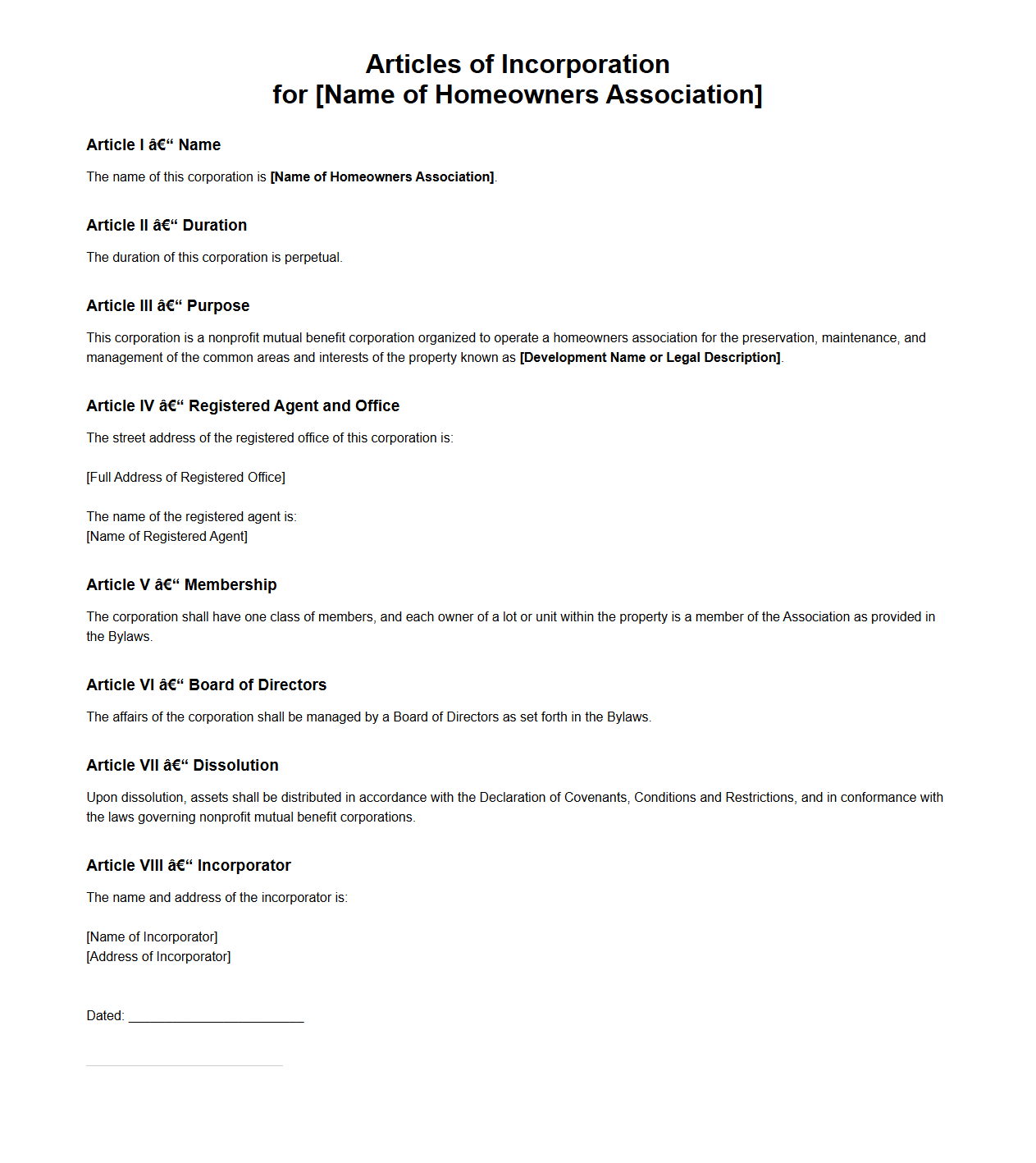 HOA Articles of Incorporation Sample