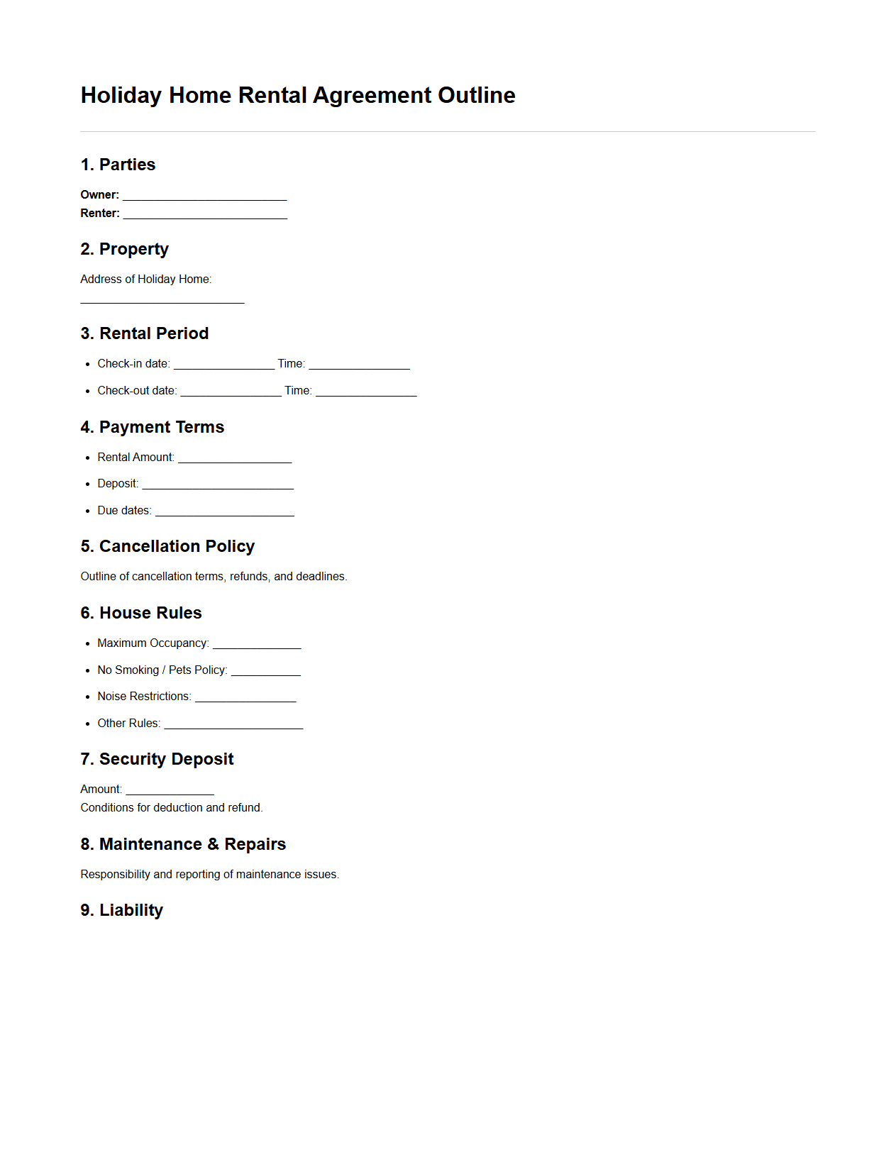 Holiday Home Rental Agreement Outline