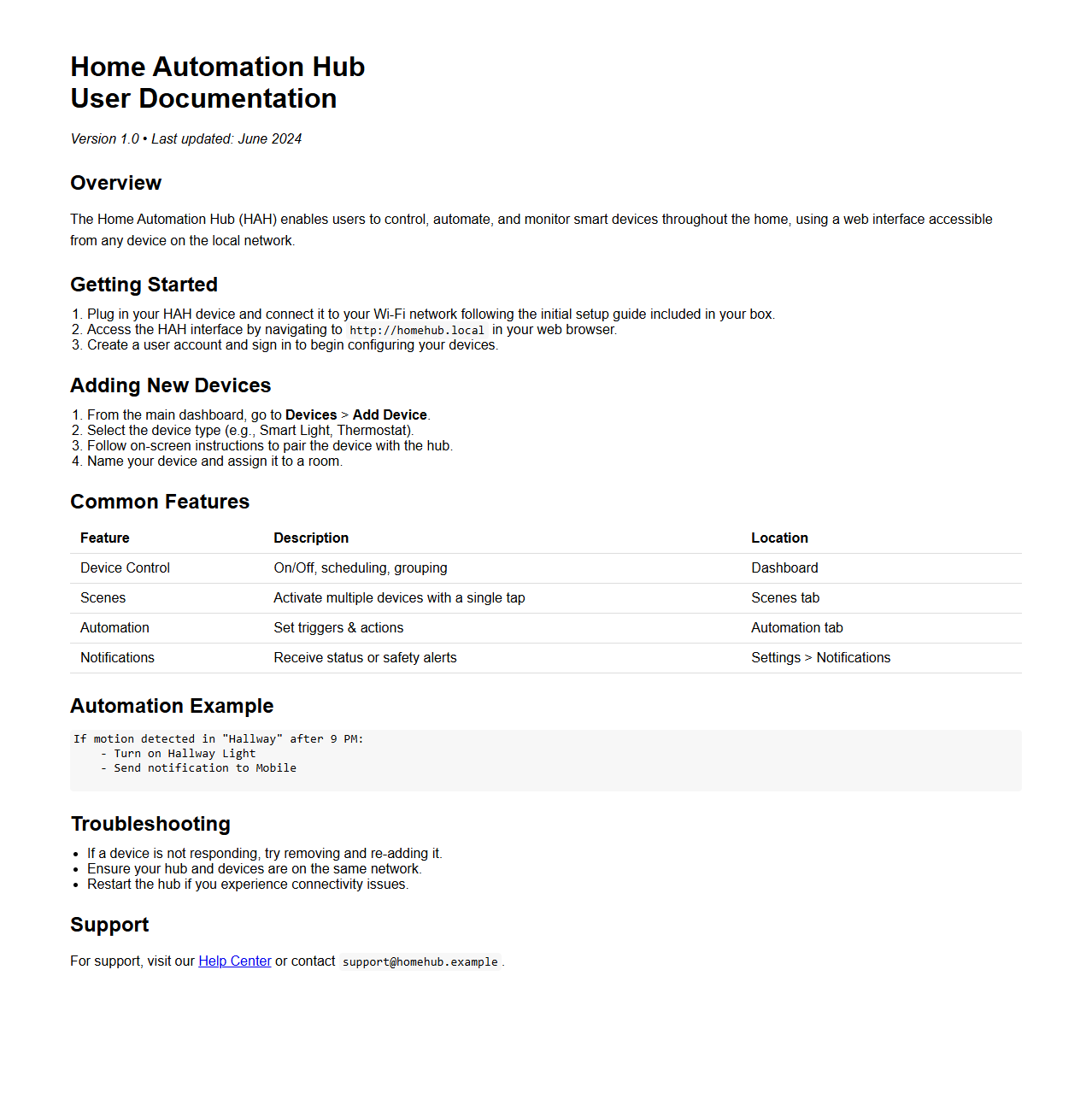 Home Automation Hub User Documentation Model
