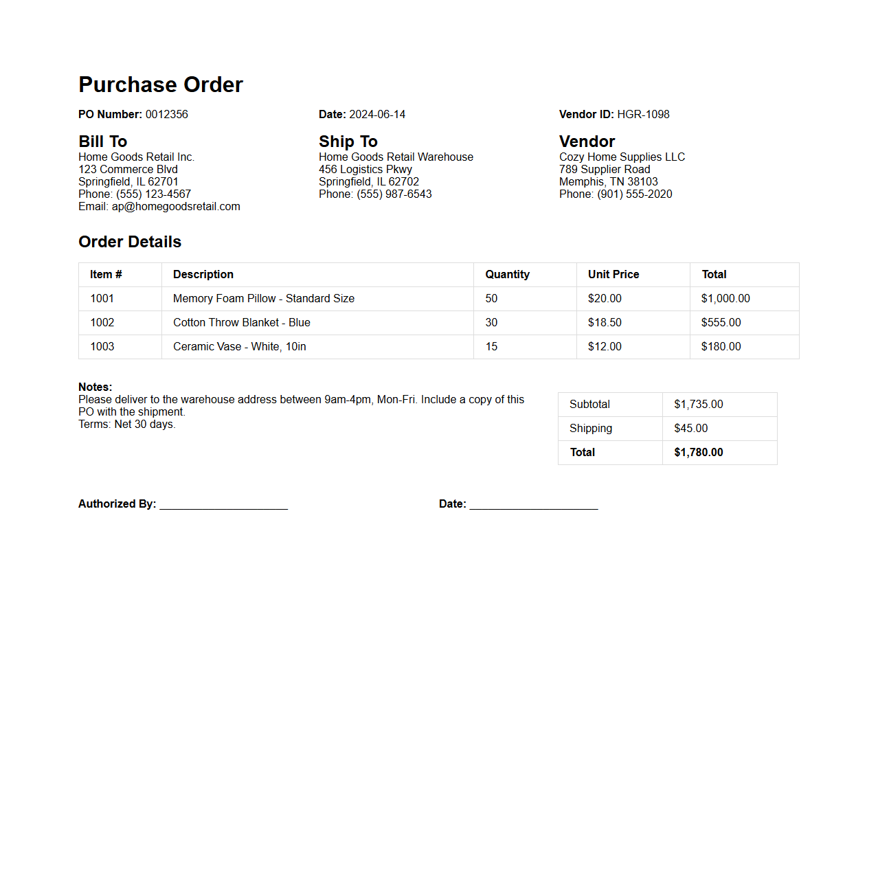 Home Goods Retail Purchase Order Example