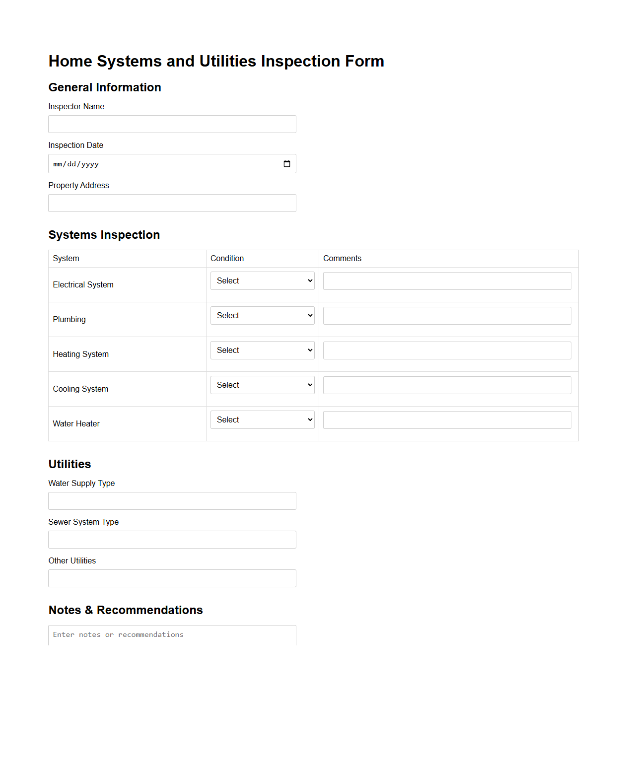 Home Systems and Utilities Inspection Form