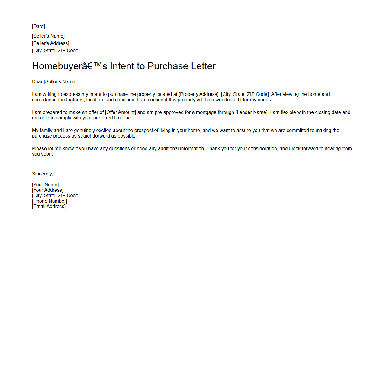 Homebuyer’s Intent to Purchase Letter Sample