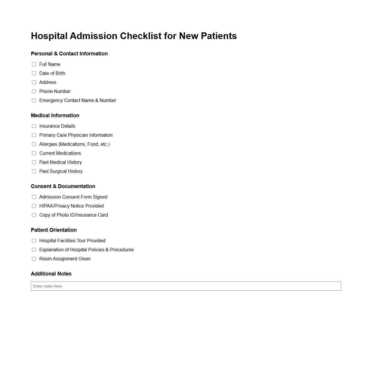 Hospital Admission Checklist for New Patients