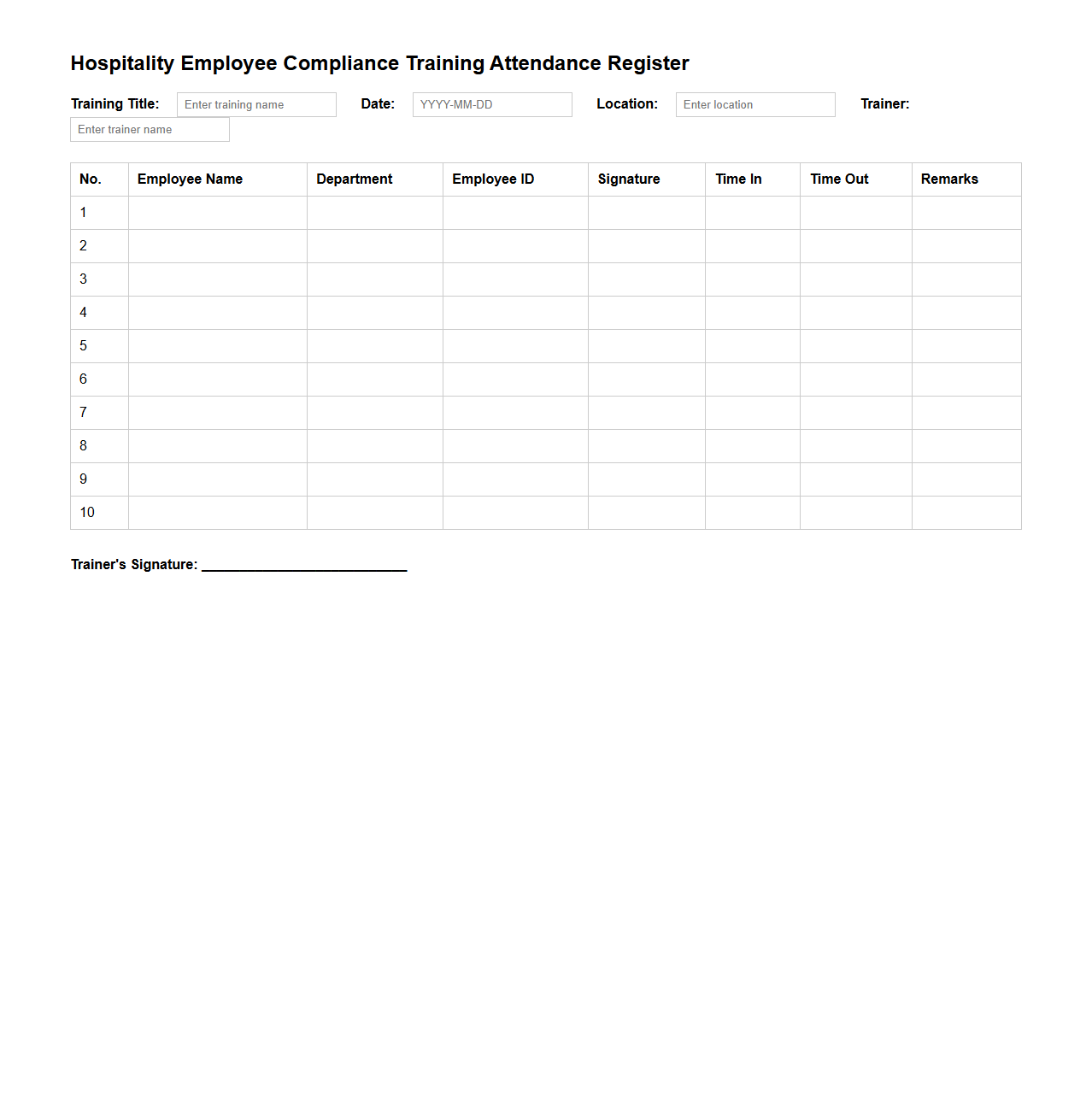 Hospitality Employee Compliance Training Attendance Register