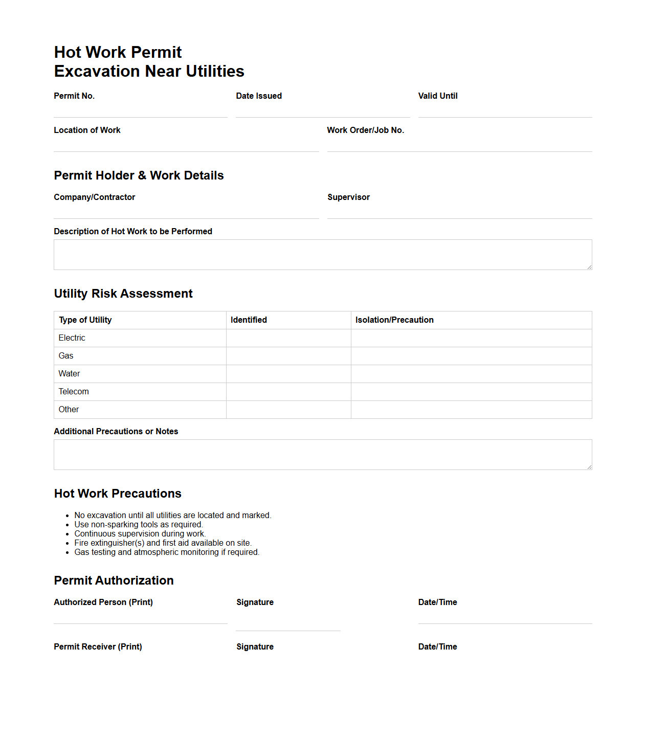 Hot Work Permit for Excavation Near Utilities