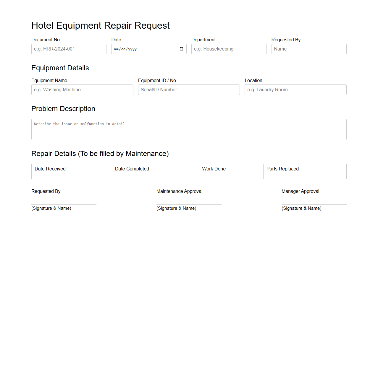 Hotel Equipment Repair Request Document Sample
