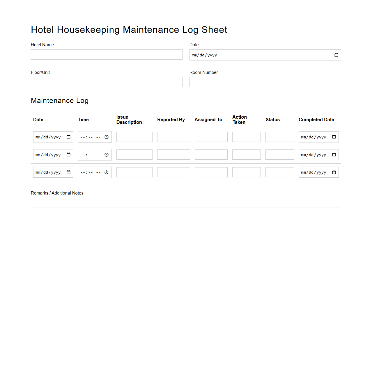 Hotel Housekeeping Maintenance Log Sheet