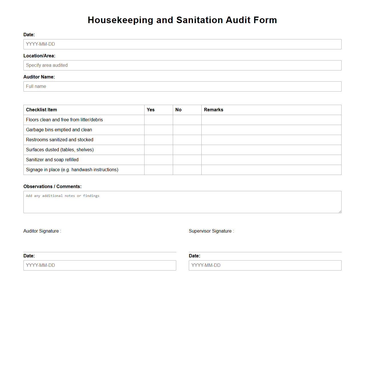 Housekeeping and Sanitation Audit Form