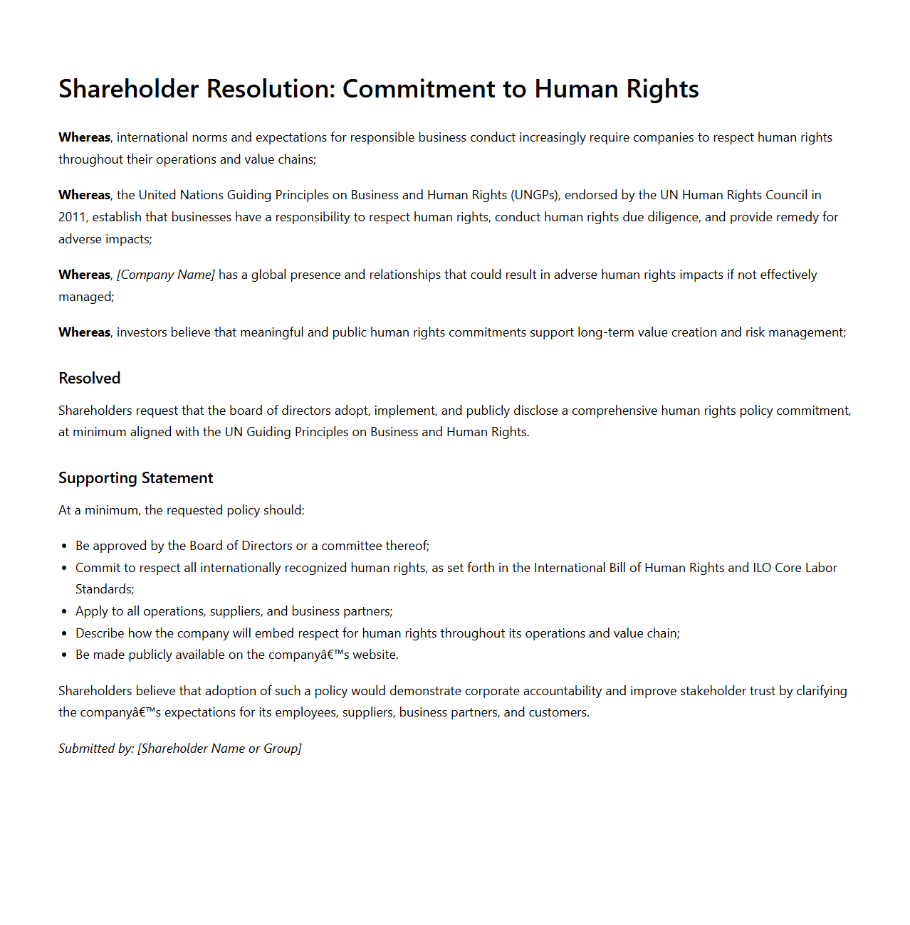 Human Rights Commitment Shareholder Resolution Sample