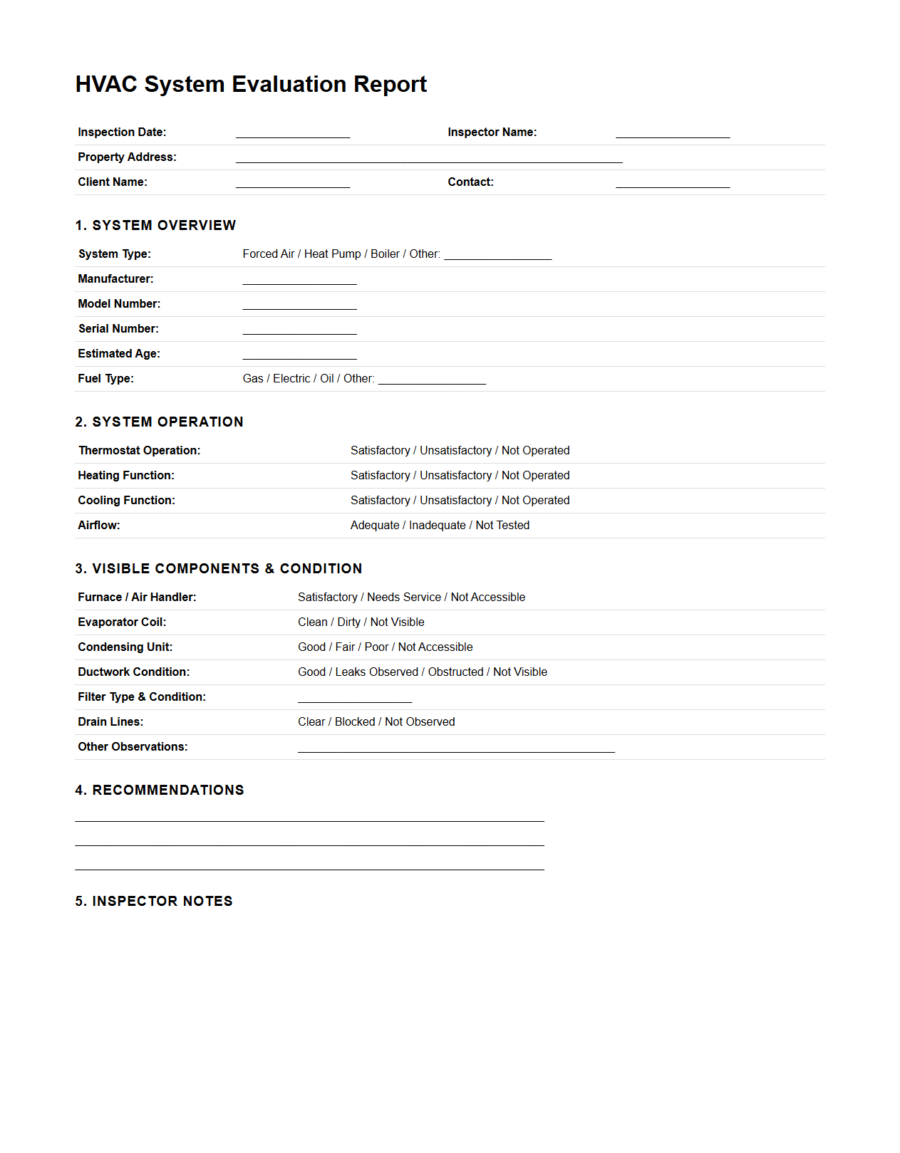 HVAC System Evaluation Report for Home Inspection
