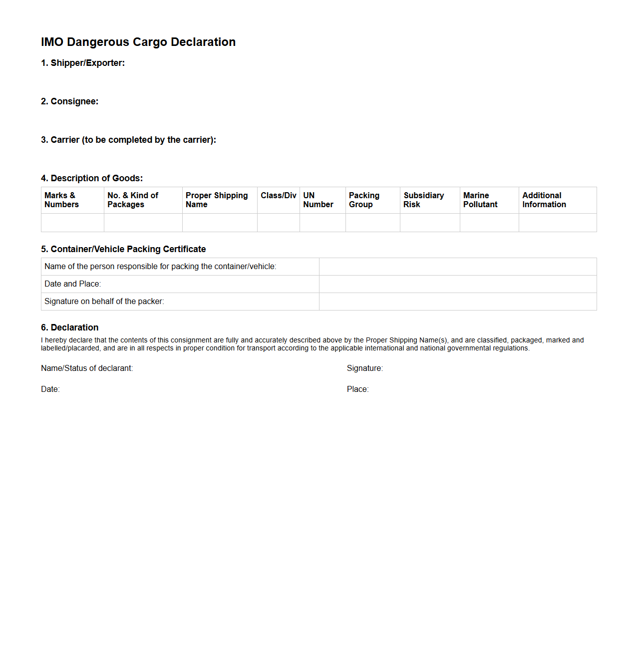 IMO Dangerous Cargo Declaration Format