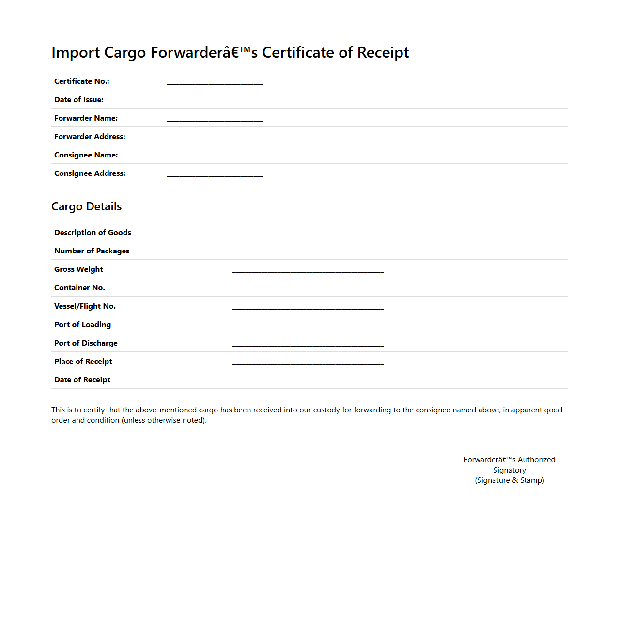 Import Cargo Forwarder’s Certificate of Receipt Document Format