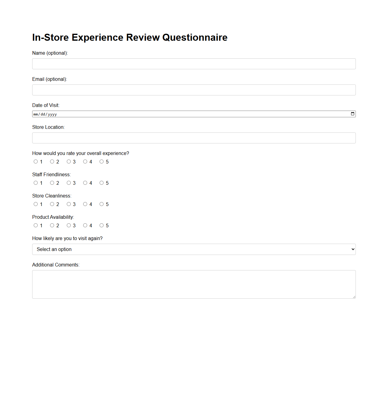 In-Store Experience Review Questionnaire