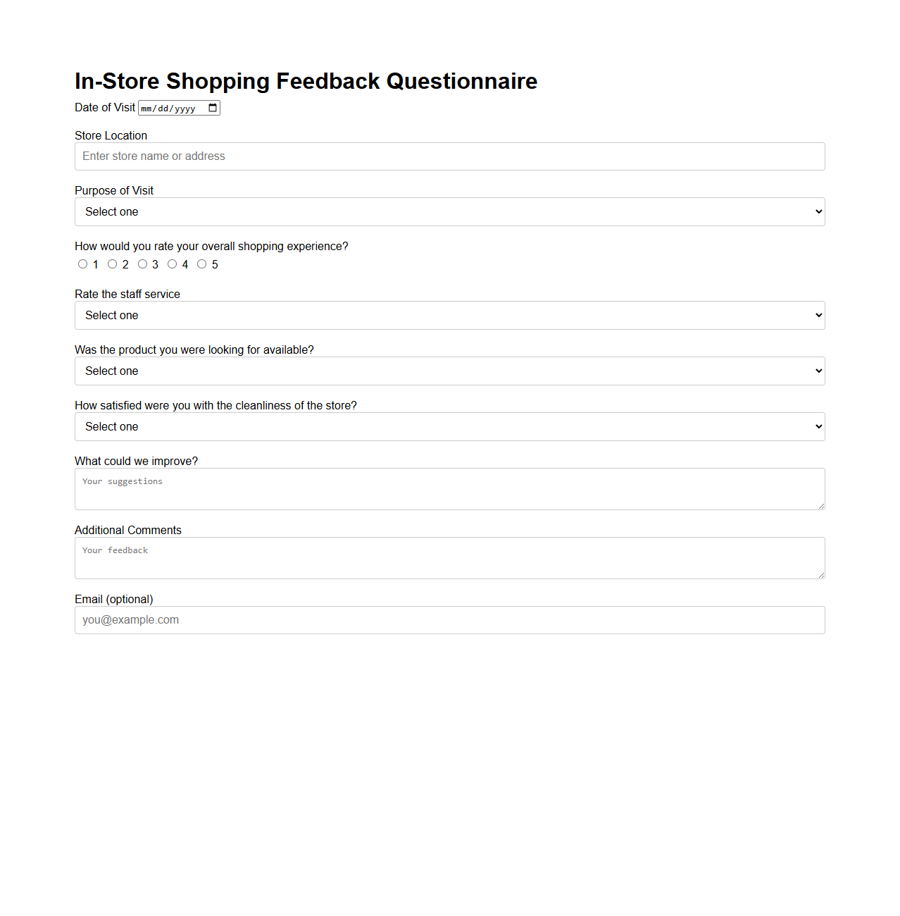 In-Store Shopping Feedback Questionnaire