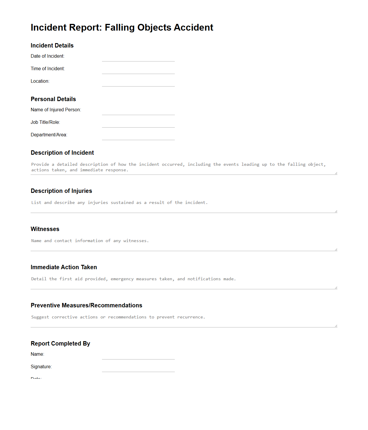 Incident Report Example for Falling Objects Accidents