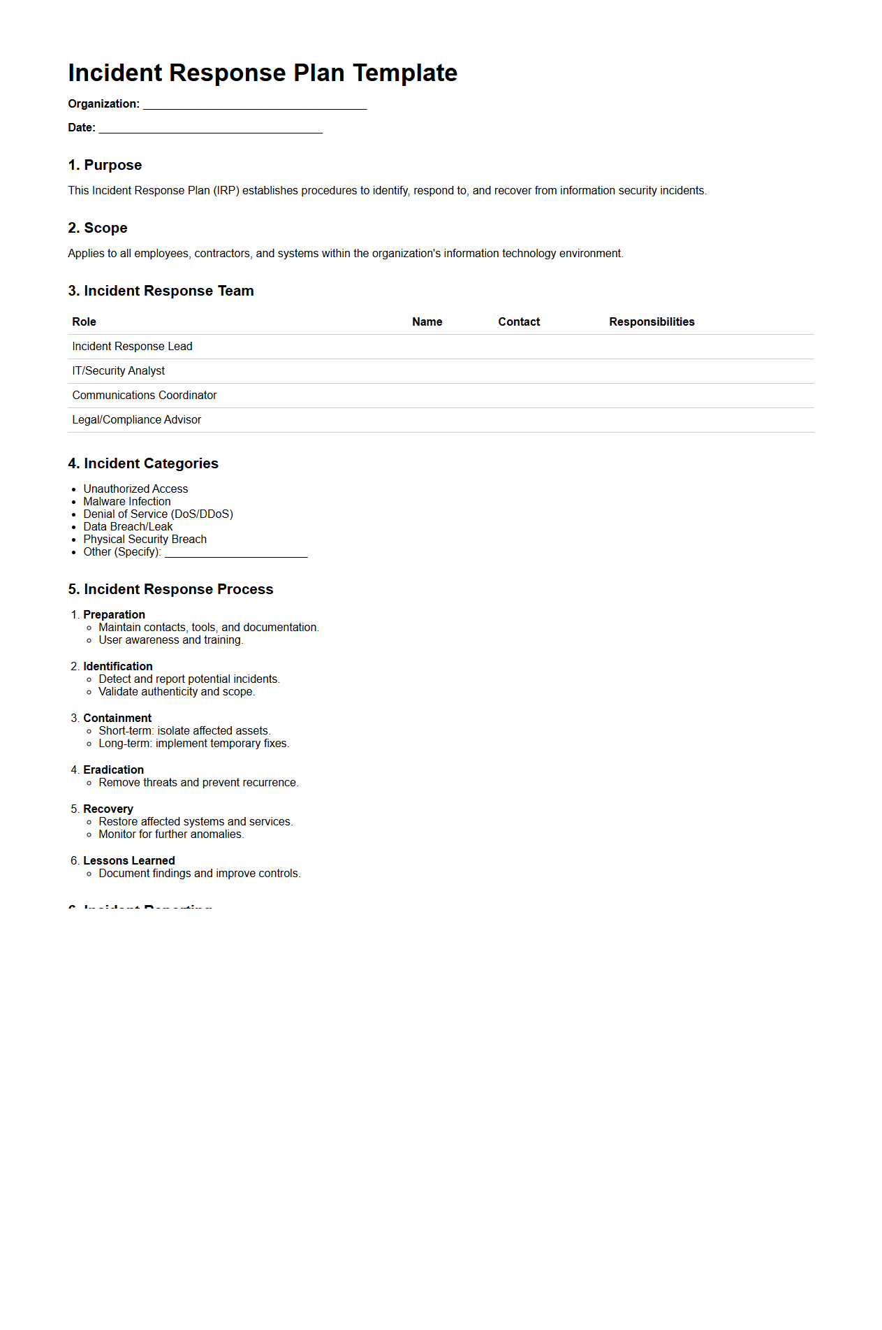 Incident Response Plan Template for Cybersecurity Teams