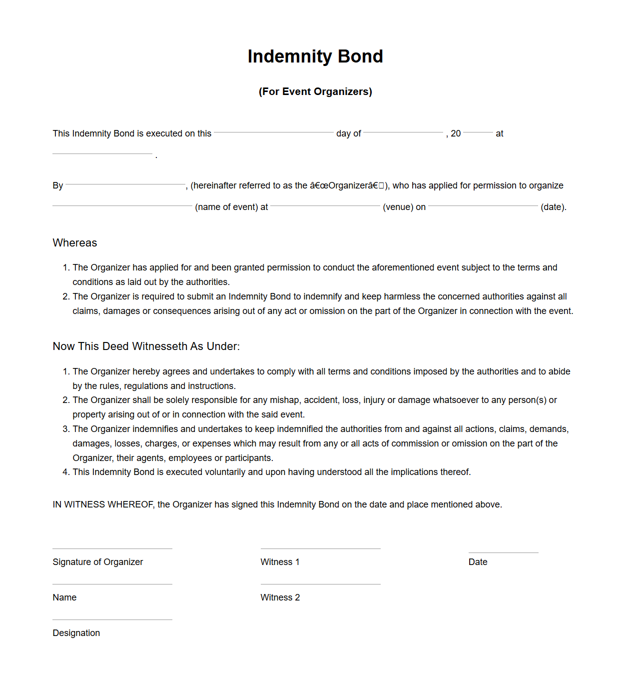 Indemnity Bond Sample for Event Organizers
