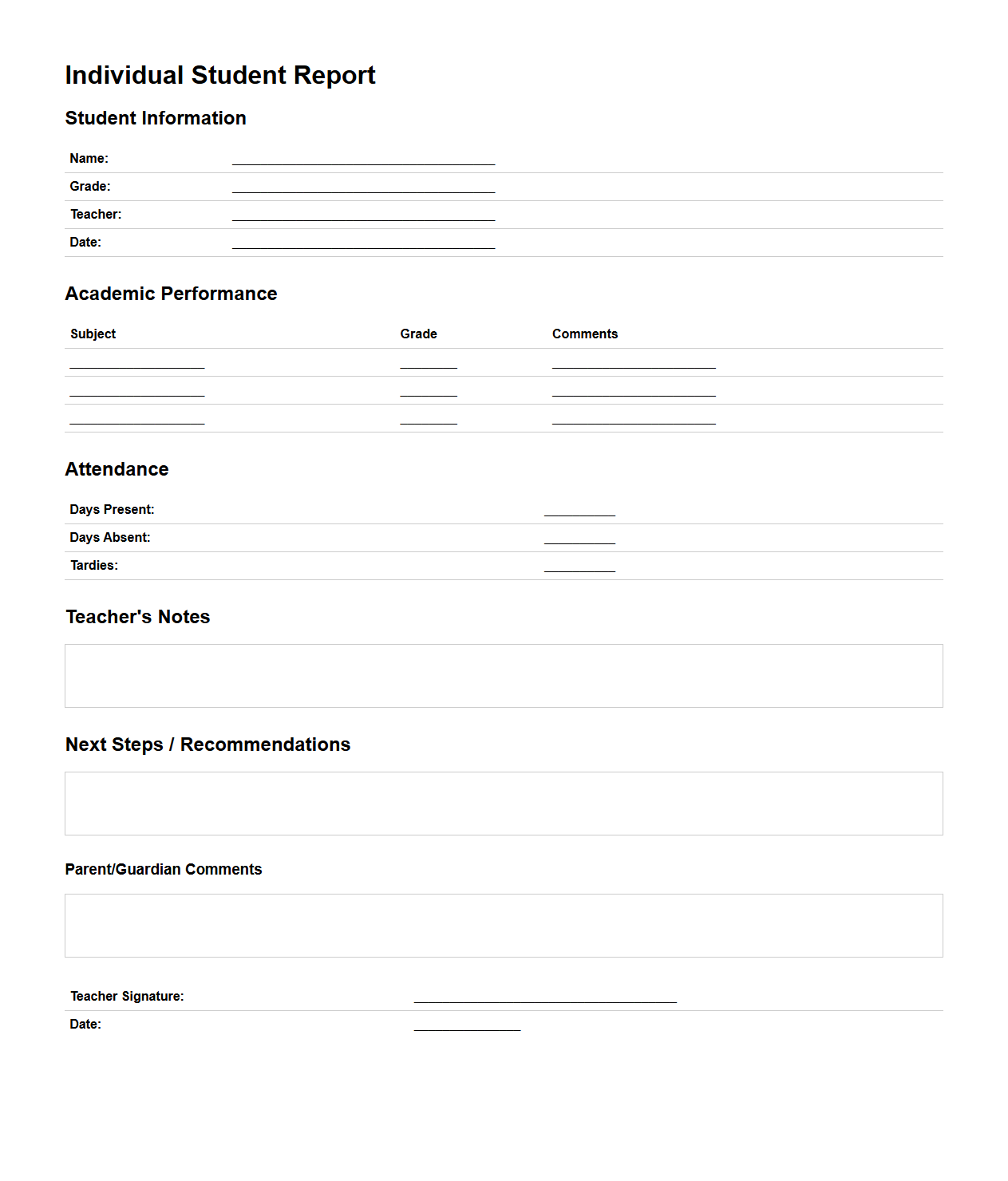 Individual Student Report Format for Family Communication
