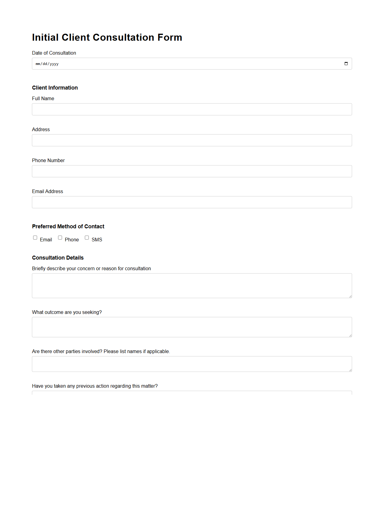 Initial Client Consultation Form Sample