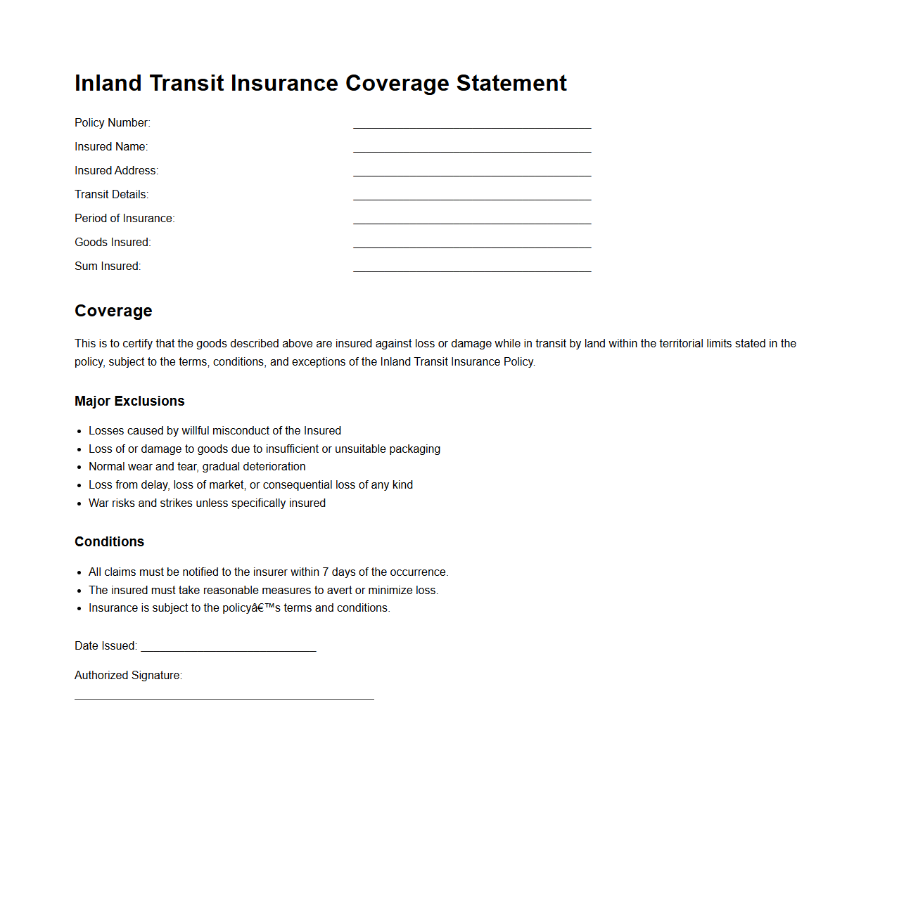 Inland Transit Insurance Coverage Statement