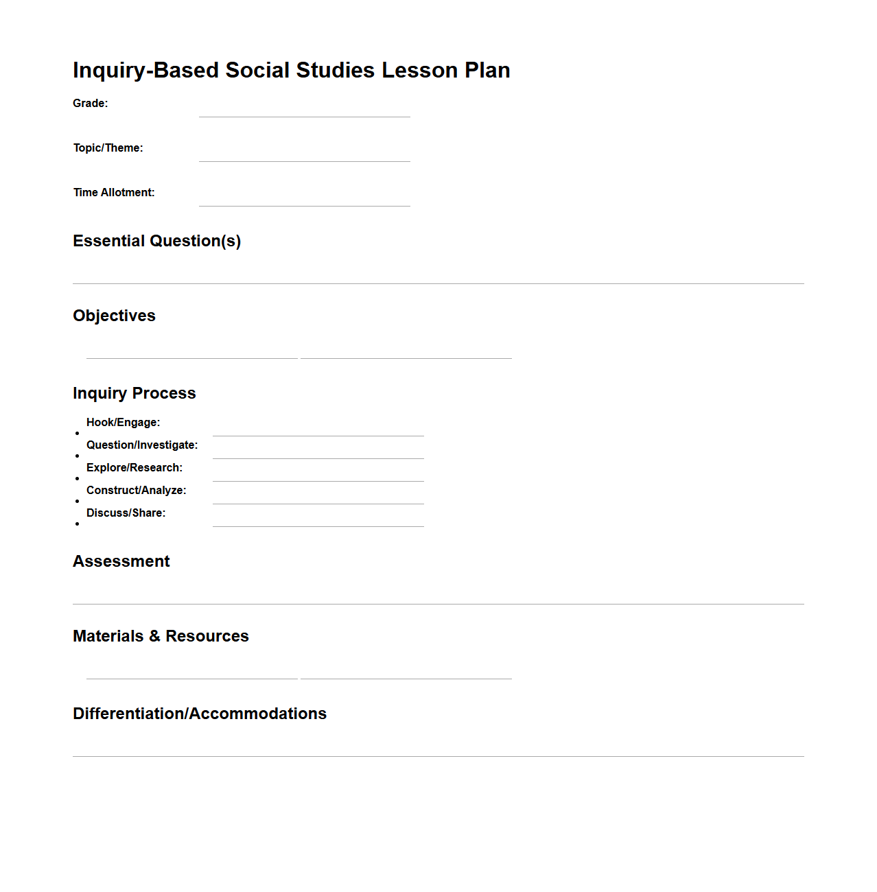 Inquiry-Based Social Studies Lesson Plan Format