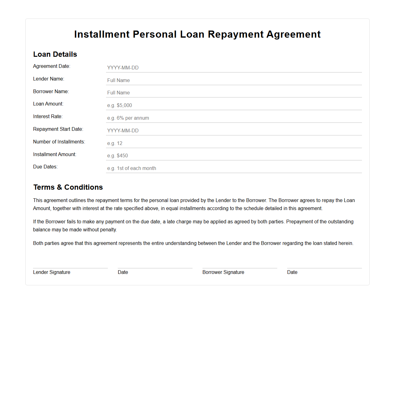 Installment Personal Loan Repayment Agreement