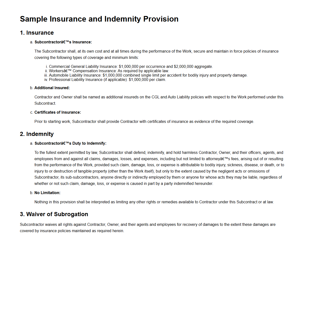 Insurance and Indemnity Provision in Subcontract