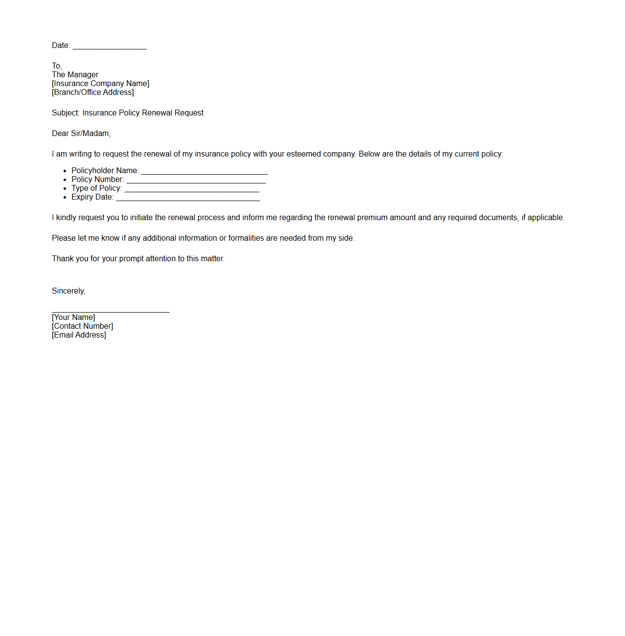Insurance Policy Renewal Request Correspondence Sample