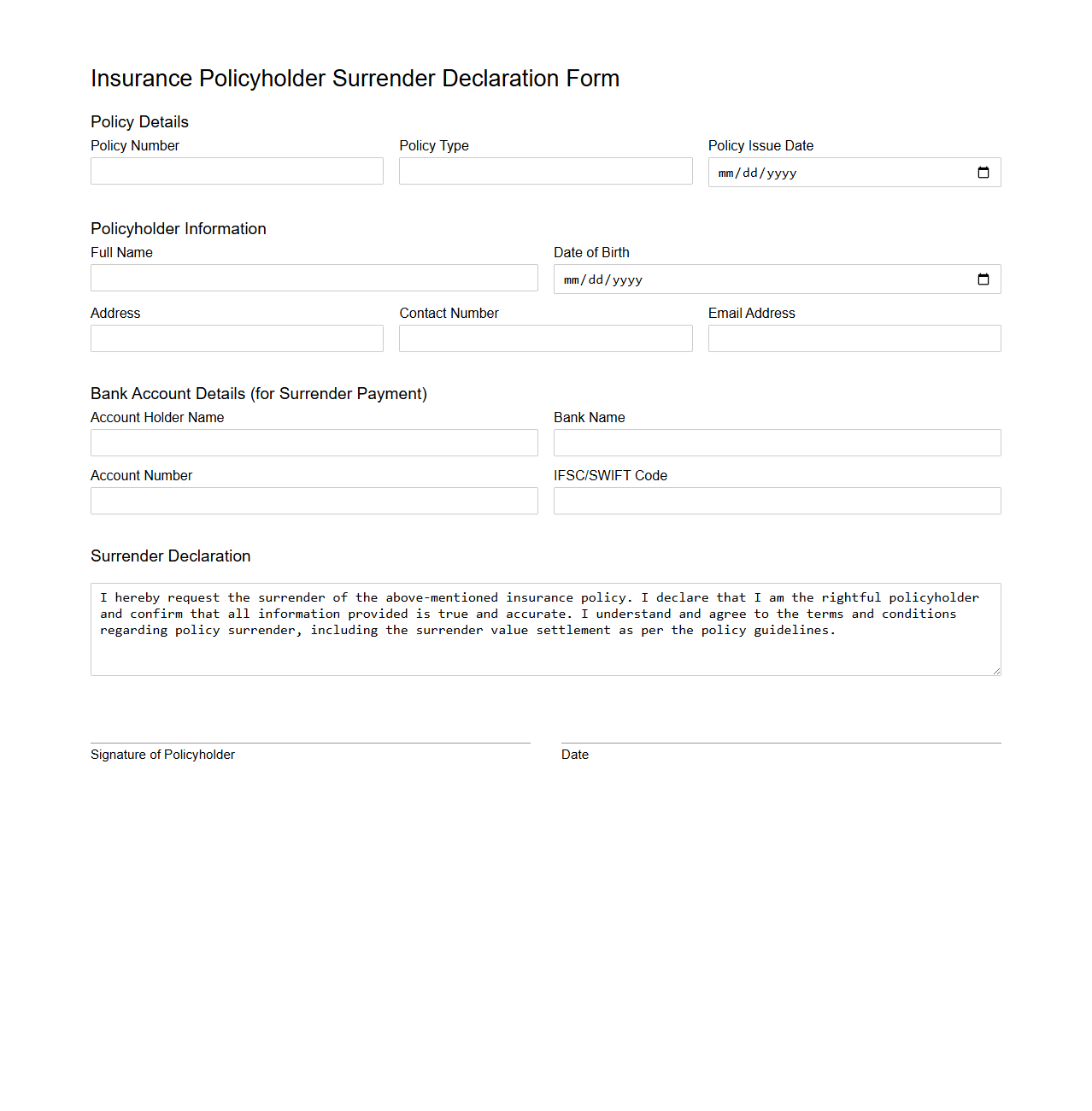 Insurance Policyholder Surrender Declaration Form