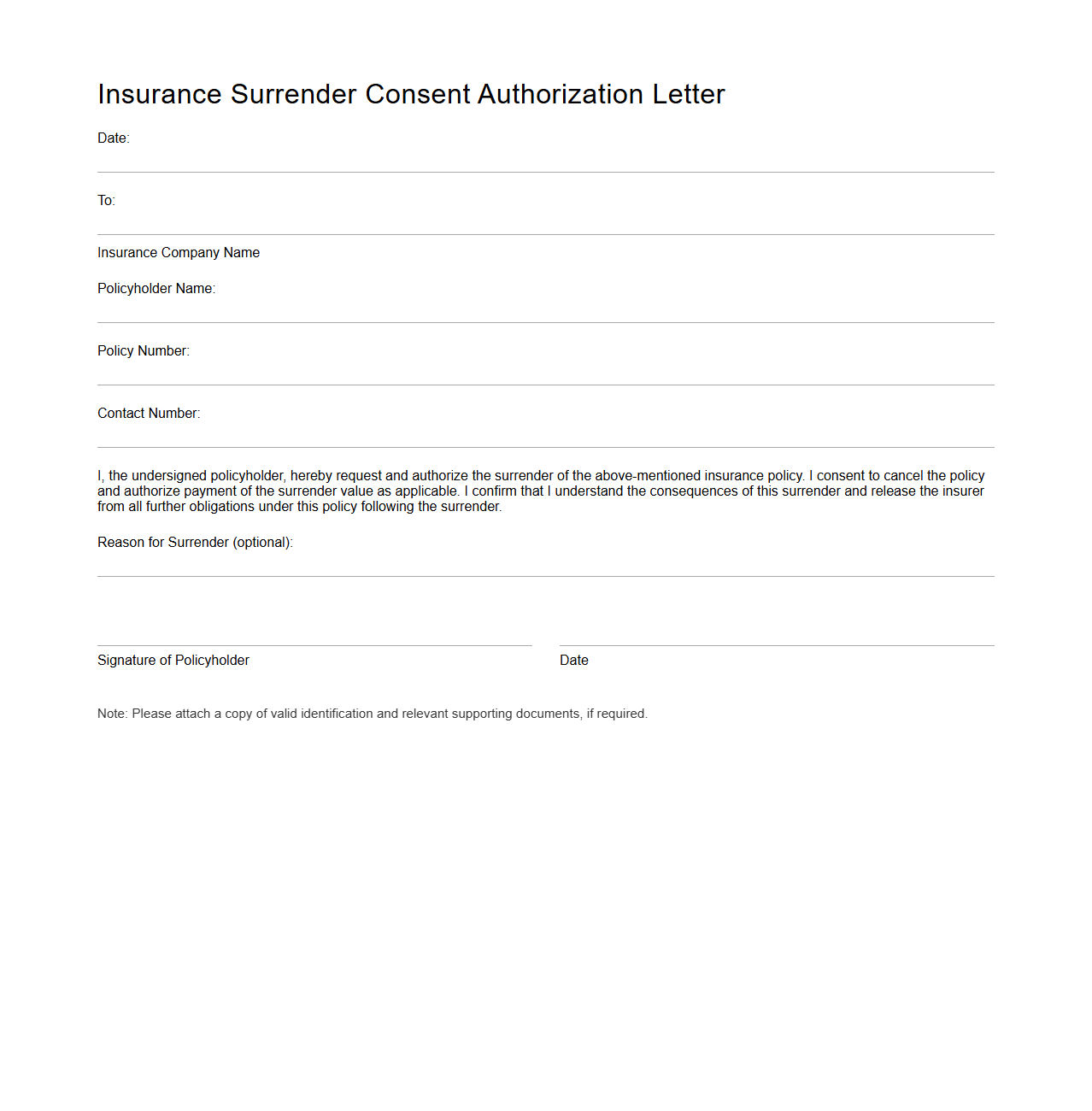 Insurance Surrender Consent Authorization Letter