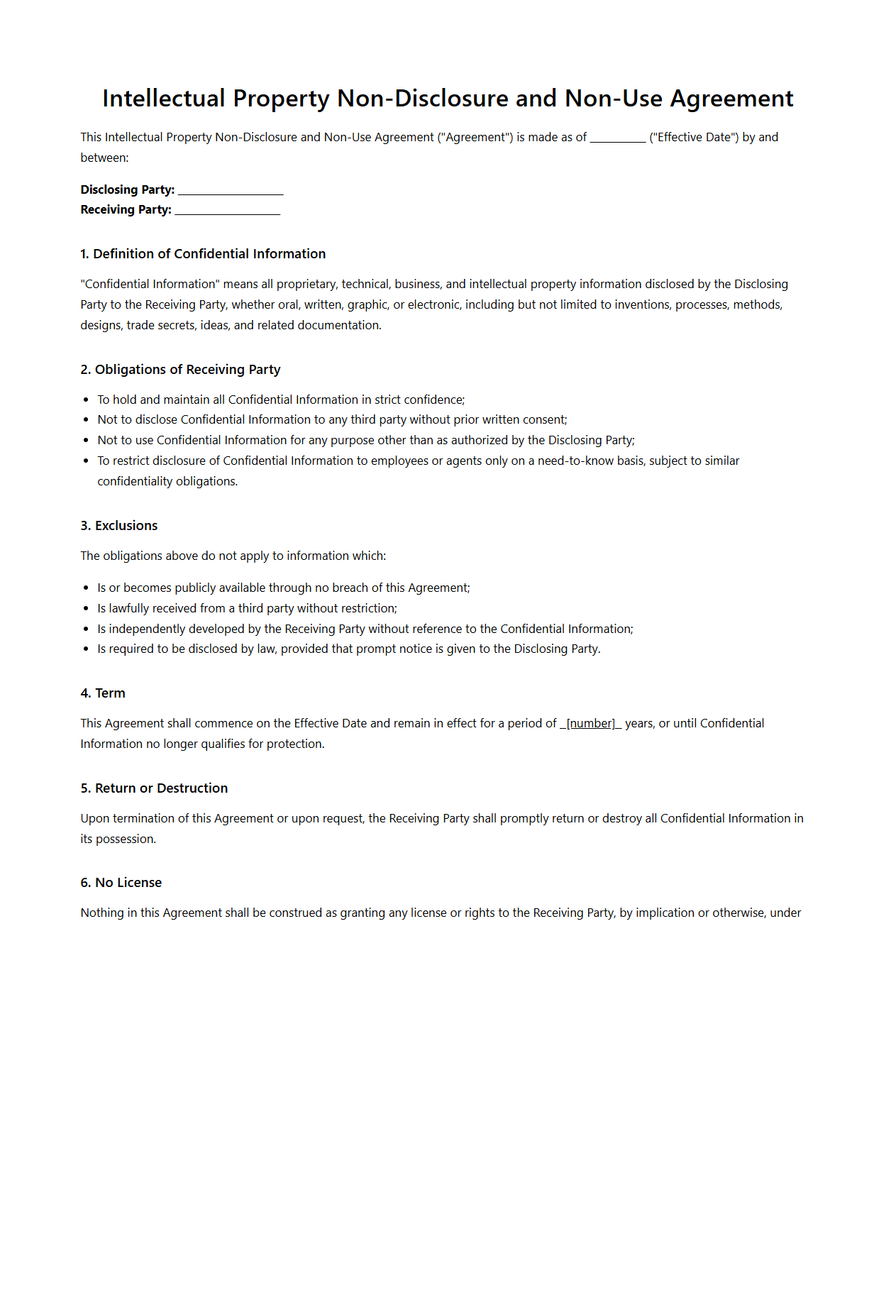 Intellectual Property Non-Disclosure and Non-Use Agreement