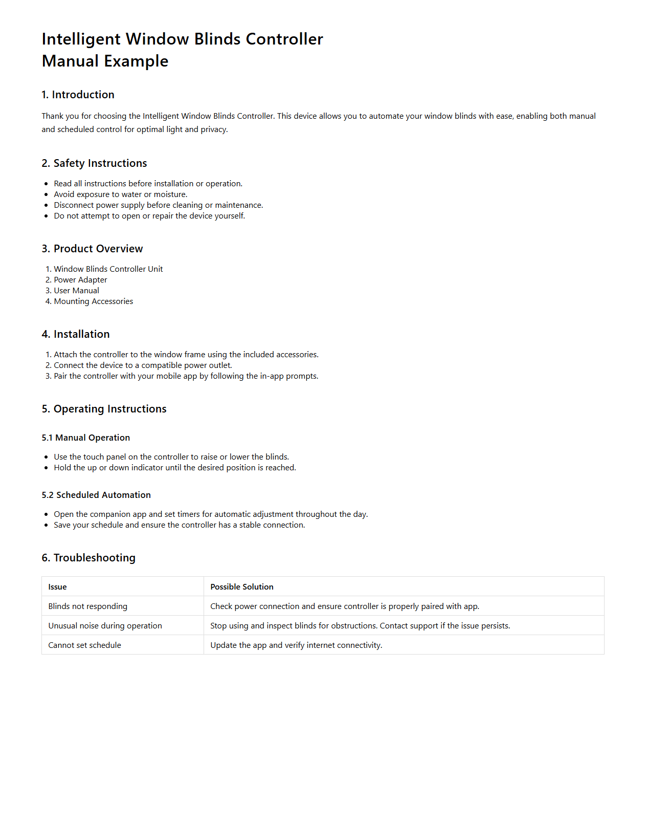Intelligent Window Blinds Controller Manual Example